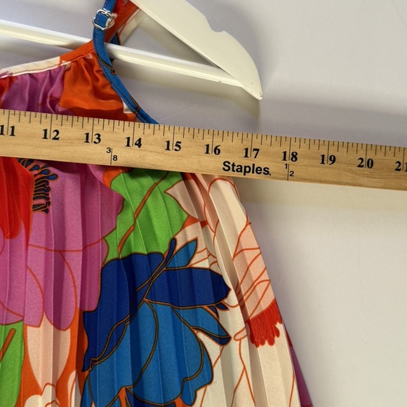 Sam Edelman Midi Dress Retro Floral Plisse Bright Colorful Resort‎ Cruise Size M - Picture 9 of 10